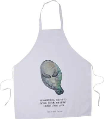 Produktbild von Mr. & Mrs. Panda Schürze Seekuh Happy - Weiß - Geschenk, Respekt, Neustart, Grillschürze, Kochschürze, Freundin, Meer, Servierschürze, Küchenzubehör, Achtsamkeit