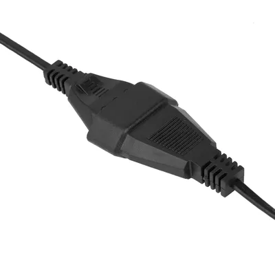 A close-up shot of a black electrical connector on a white background.