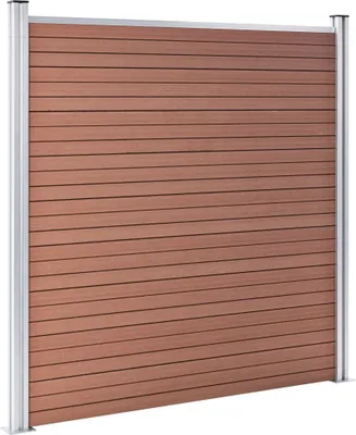 A close-up, front-facing view of a wooden fence panel with silver metal posts.