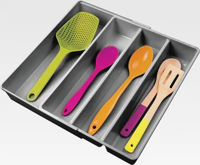 Produktbild von Besteckkasten mit vier Fächern – ausziehbarer Besteckeinsatz für Schubladen ordnet Küchenutensilien – Schubladenorganizer für diverse Utensilien – dunkelgrau