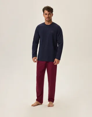 Produktbild von Henderson Herren Pyjama Set - Zweiteilig, 100% Baumwolle, Dunkelblau, Bequeme Schlafanzug mit Weichem Bund, Langarmshirt und Bedruckte Hose, Klassischer Stil, Ideal für Herbst/Winter 2024, Premium Linie L