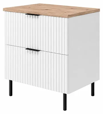 Immagine prodotto di Mobile bagno a pavimento, larghezza 60 cm, ante a listelli di 18 mm, bianco e impiallacciatura in rovere chiaro, maniglie disponibili in due colori, dimensioni 60 x 46 x 73,6 cm, Immagine generata dall'IA