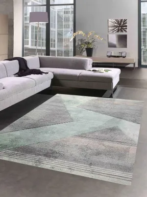 Produktbild von Abstrakter Teppich Wohnzimmer modernes gestreiftes Muster rosa grün grau - pflegeleicht Größe - 60x110 cm