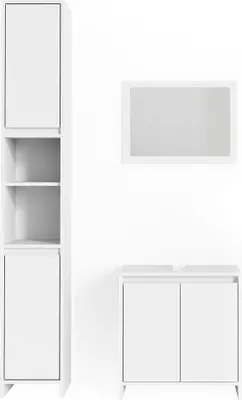 A white bathroom furniture set consisting of a tall cabinet, a mirror, and a vanity unit, displayed against a white background.
