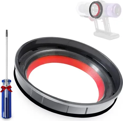 A close-up of a vacuum cleaner dustbin seal ring and a screwdriver with a red bow.