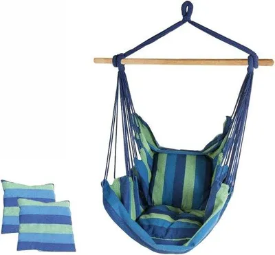 Image de Fauteuil suspendu Famanu avec coussin et support en bois - Tissu en coton - Intérieur/Extérieur - Terrasse, jardin, pièce - Supporte jusqu'à 120 kg - 130x100 cm
