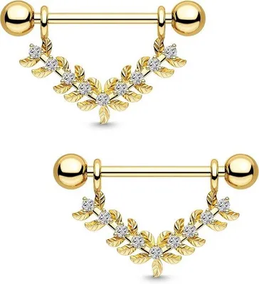 Produktbild von Nipple-Bar-Piercings, Blattform, CZ (Zirkonia), 14 Gauge - Silber/Gold - 316L Edelstahl - Für Körperpiercings