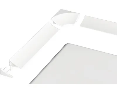 A white corner piece and a straight piece of trim are shown against a white background.