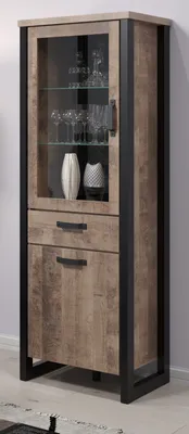 Produktbild von Vitrine "Emile" in Eiche Tabak und schwarz Wohn- und Esszimmer Vitrinenschrank 70 x 195 cm