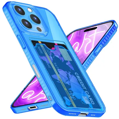 Produktbild von NALIA Neon Silikonhülle für iPhone 16 Pro – Kartenfach & Knallige Signal-Farbe – CARDPOP (Anti-Shock Handyhülle) – Marke aus Berlin – Blau