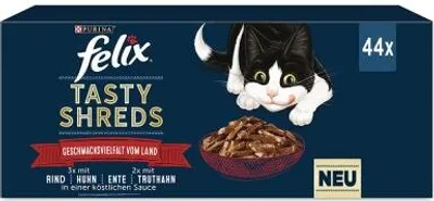 A box of Felix Tasty Shreds cat food with a cat illustration and product details.