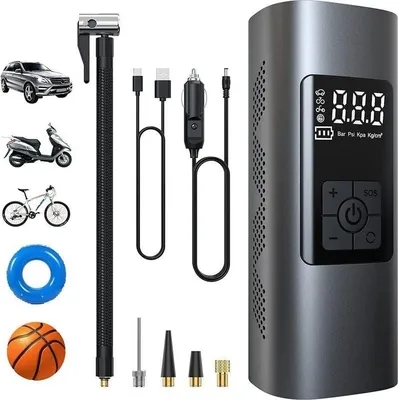 Obrázek produktu pro mini elektrická vzduchová pumpa 6000 mAh, přenosná, akumulátorová pumpa na huštění pneumatik s tlakem 150 PSI, digitálním LCD displejem a LED světlem pro motocykly, skútry a automobily
