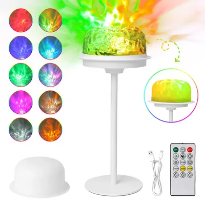 Produktbild von LED Tischlampe mit Wasserwellen-Projektion, 16 RGB-Farben, 4000-mAh-Akku, Touch und Fernbedienung, weißer Hutschirm