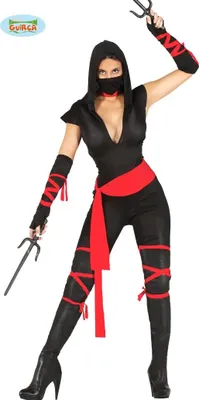 A woman dressed in a ninja costume, holding weapons.