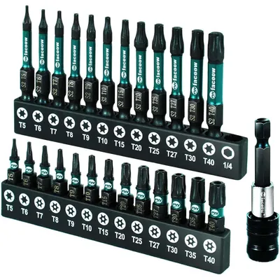Immagine prodotto di Set di punte Torx da 26 pezzi, da T5 a T40, con testa di sicurezza, magnetiche, in acciaio S2, per avvitatori a impulsi, con lunghezze di 2,5 cm e 5,1 cm