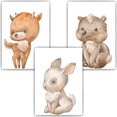 Produktbild von Süße Tiere Reh Hase Bär Bilder 3er Set DIN A4 Kinderzimmer Wandbilder Babyzimmer Poster Dekoration