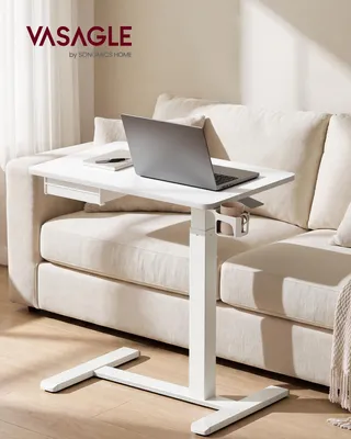 Produktbild von VASAGLE Höhenverstellbarer Schreibtisch Laptoptisch mit Schublade, Rollen und Getränkehalter 70 x 45 x 65-102 cm Mattweiß, KI-generiertes Bild