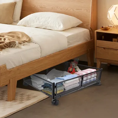 Produktbild von 1 Stück Unterbett Aufbewahrungsbox mit Rollen Faltbare für Kleidung Bettwäsche Bücher Spielzeug Schwarz