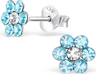Produktbild von Kinderohrstecker Glitzer: Mädchen Ohrringe Silber „Kristall Blume" hellblau & kristallklar