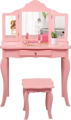 Produktbild von COSTWAY Kinder Schminktisch mit Hocker und Abnehmbarer Spiegel, Mädchen Frisiertisch Holz, Kindertisch mit Schublade, Spiegeltisch 70x34x103cm (Rosa)