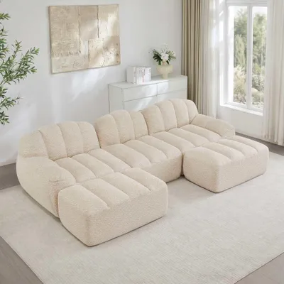 Produktbild von AIORBER U-förmiges modulares 3-Sitzer Sofa mit 2 Ottomans, Boneless Design, 32D Hochdichtschaum, tiefe Sitzfläche, Beige
