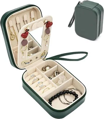 Produktbild von QuickShopping - Reise Schmuck Box mit Griff, kleine Kunstleder Schmuck Box mit Spiegel, Portable Schmuck Organizer für Frauen und Mädchen, dunkel