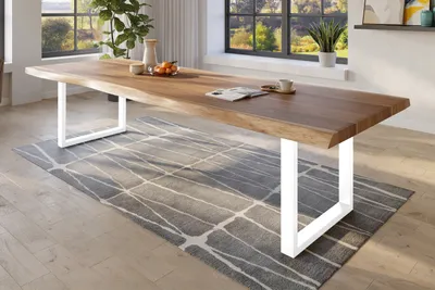Produktbild von Baumkantentisch 320 x 120 cm Esstisch massiv Akazie Natur U-Gestell Weiß TITAN
