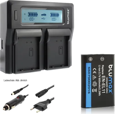 Produktbild von 1x Akku + Lader für Nikon EN-EL11 Coolpix P500, P510, P520, P5000 600 mAh