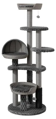 Produktbild von Fudajo Urban Loft 160 cm Kratzbaum grau, Katzenkratzbaum mit Ø 58 cm Bodenplatte, Katzenbaum mit Massageelement, 3 Liegeflächen, 3 Plattformen und Papierseil-Kratzstämmen