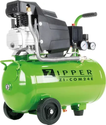 A green air compressor with black and silver components, shown against a white background.