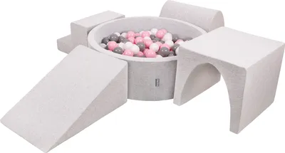 Obrázok produktu pre KiddyMoon Mäkké penové ihrisko pre deti s guľatým loptičkovým ihriskom (200 ∅ 7 cm) s mäkkými prekážkami a loptičkovým bazénom,  vyrobené v EÚ, Svetlo sivá:Biela/Grey/Púdrovo ružová, Verz