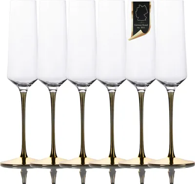 Produktbild von Intirilife 6x Champagner Glas mit goldfarbenem Stiel - 200 ml Füllmenge - Sekt Prosecco Glas Kristallglas stoßfest