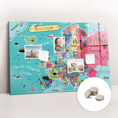 Obrázok produktu pre Magnetická tabuľa na stenu - Memo Tabuľa Sklenená - vrátane 5 magnetov - 90x60 cm - Mapa Európy