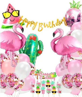Image de Décoration de fête Anniversaire 46er Set Flamingo Fête d'été Ananas Hawaï Décoration de gâteau Ballon Flamingo Joyeux anniversaire Guirlande de ballons Décoration de gâteau