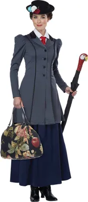 A woman dressed as a nanny, holding a bag and an umbrella.