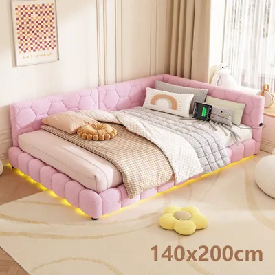 Produktbild von AIORBER Schlafsofa, 140x200cm, Daybett mit Lattenrost(ohne Matratze),16 Farben Umgebungslicht, USB-Anschluss, Typ-C, für Wohnungen&Gästezimmer, Rosa