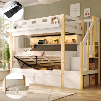 Immagine prodotto di Letto a castello idraulico 90x200 cm con scaffale, letto per bambini con USB e porta Type-C, letto a castello singolo con illuminazione a LED e scala, letto a castello per 2 bambini, colore bianco