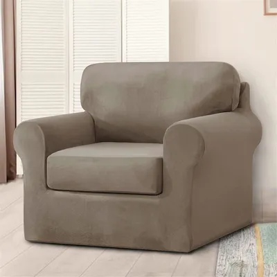 Produktbild von Samt-Stretch-Sofabezug mit separatem Rückenlehnenbezug und Sitzkissenbezug, Anti-Rutsch-Sessel-Sofa-Überzug mit Gummiband für Wohnzimmer (1-sitzer, Taupe)