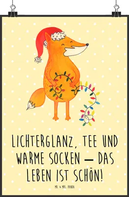 Produktbild von Mr. & Mrs. Panda Bild Fuchs Weihnachten DIN A2 - Gelb Pastell - Geschenk, Wandbild, wanddeko, Weihnachtsmann, Plakat, drucke, Winter, Nikolaus, kunstdruck poster