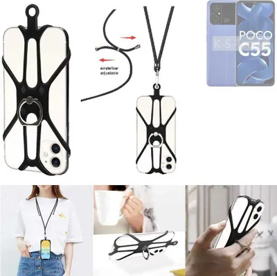 Produktbild von K-S-Trade 3in1 Handykette Handyband Handykordel Halsband Smartphone-Ring Handy-Ring kompatibel mit POCO C55 Fingerhalterung Handyring Tischständer