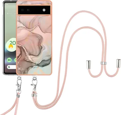 Produktbild von Google Pixel 6A Handykette Hülle, Muster TPU Bumper Schutzhülle mit verstellbarem Tragegurt für Google Pixel 6A Crème