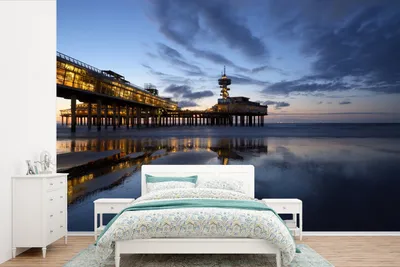 Produktbild von MuchoWow® Fototapete für Wohnzimmer oder Schlafzimmer Wandtapete Vinyl Motivtapete Pier von Scheveningen nach Sonnenuntergang - 390x260 cm - Papiertapete