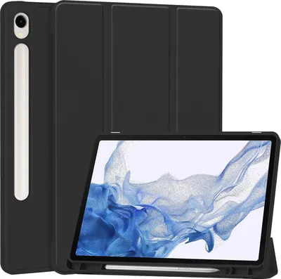 A black tablet case is shown with a tablet inside, displaying a blue abstract image on its screen. The case is open, with the front cover folded back to act as a stand.
