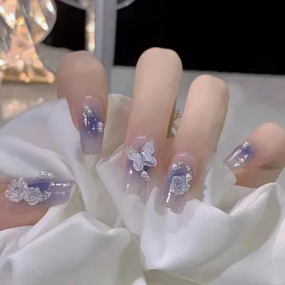 Produktbild von 24 Künstliche Nägel French Schmetterling Kamelie Acryl mit Nagelkleber Frauen