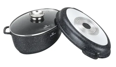 A black casserole dish with a glass lid and a separate lid are shown against a white background.
