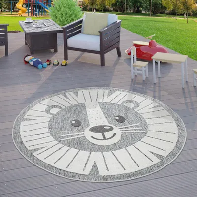 Produktbild von TT Home Kinderzimmer Outdoor Teppich Kinder Rund Spielteppich 3D Optik Löwe Grau Größe 120 cm Rund