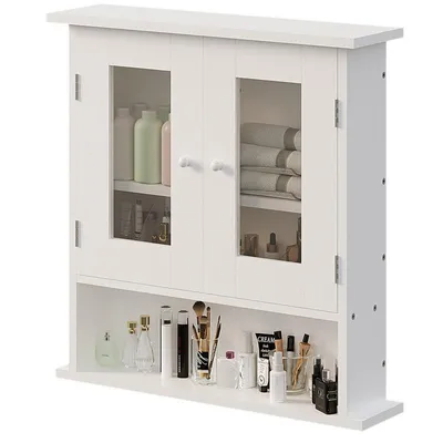 Obrázek produktu pro Závěsná Koupelnová Skříň Bílá 2 Dveře Skleněná Nástěnná Loft Poličky 58 Cm