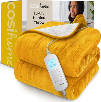 Produktbild von Cosi Home Heizdecke 180x130 cm - Elektrische Wärmedecke mit Abschaltautomatik, Überhitzungsschutz, Waschbar, Kuscheliges Sherpa & Fleece, 10 Heizstufen mit digitaler Fernbedienung - Senfgelb