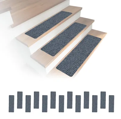 Produktbild von Relaxdays Stufenmatten 16er Set, rechteckige Treppenstufenmatten, 65 x 20 cm, selbsthaftende Treppenteppiche, hellgrau