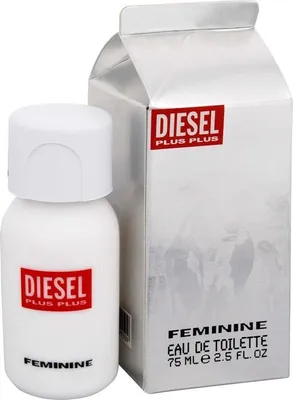 A bottle of Diesel Plus Plus Feminine Eau de Toilette and its packaging are shown.